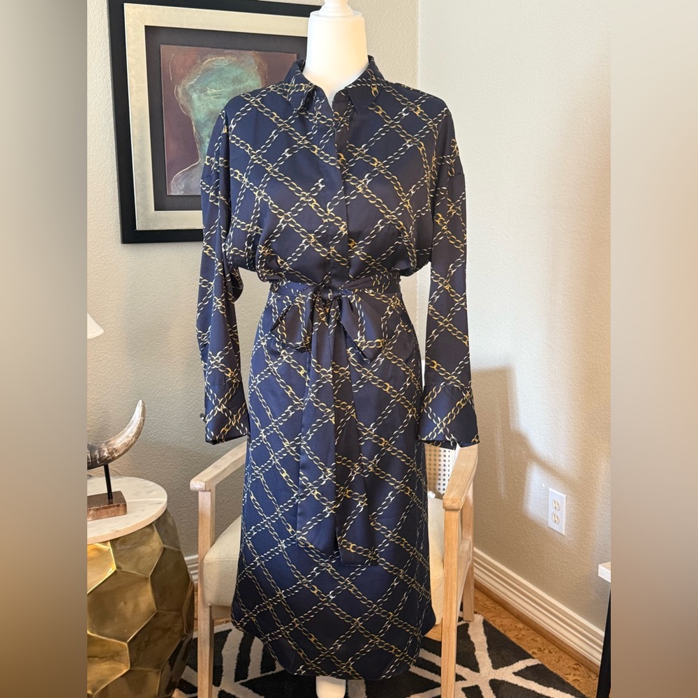 Who What Wear Navy and Gold Chain Pattern Dress